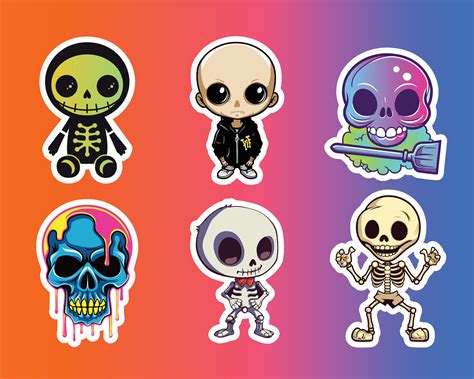 Six Funko Pop Style Skull Stickers on Colorful Gradient Background ...