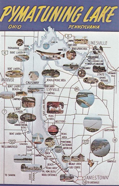 Pymatuning Lake Map Ohio Postcard: Manuscript / Paper Collectible ...