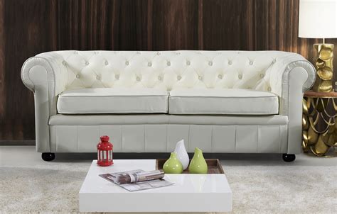 Modern Chesterfield Style Leather Sofa - Cream Leather