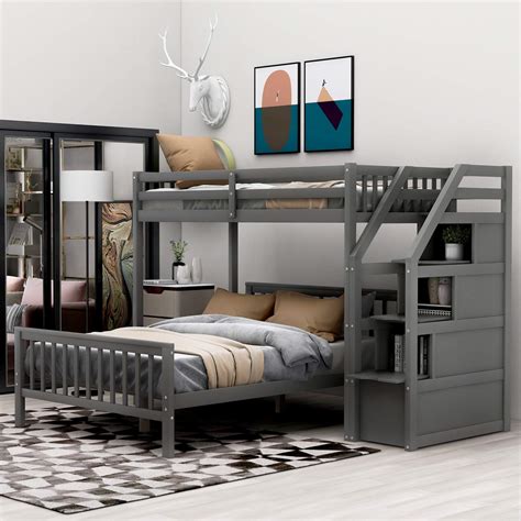 Buy Twin Over Full Bunk Bed, Wood L-Shaped Bunk Beds with Storage ...