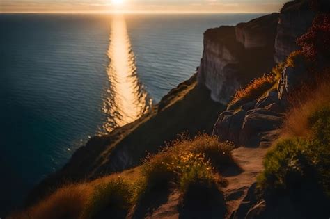 Premium AI Image | The sun sets over a cliff edge with the ocean in the ...