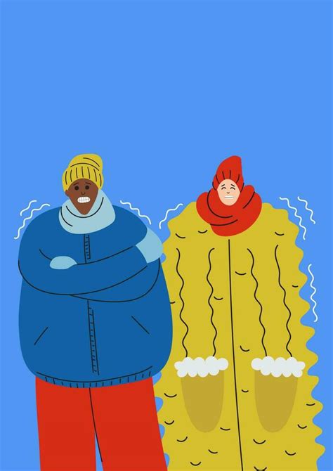 Frozen couple in winter. Man and woman character in the cold in warm ...