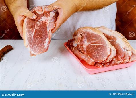 Butcher Cutting Pork Meat on Kitchen Stock Photo - Image of cooked ...