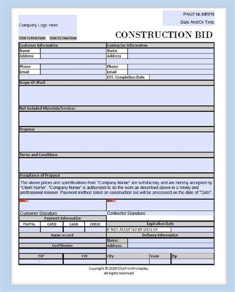 Construction Project Bid Proposal Form Template Simple Minimal Editable ...