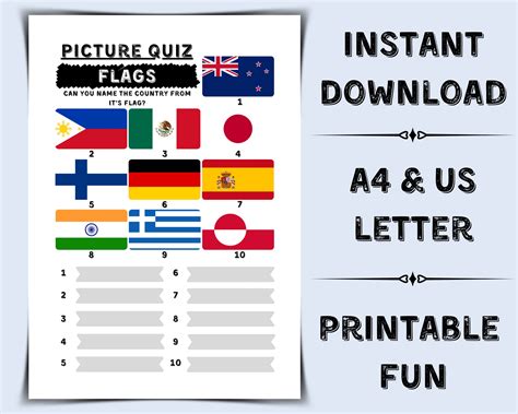 Printable Flags Quiz Name the Country Pub Quiz Picture Round Geography ...