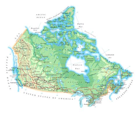 Large elevation map of Canada with roads, railroads, major cities and ...