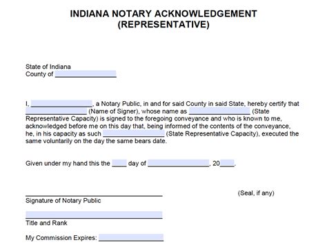 Free Indiana Notary Acknowledgement - Representative - PDF - Word