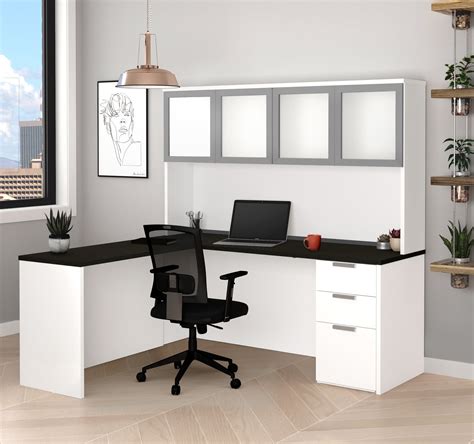 Modern L-Shaped Desk & Hutch with Frosted Glass Doors in White / Deep ...