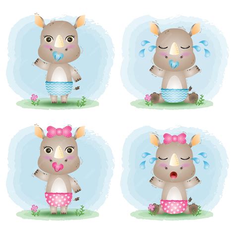 Premium Vector | Cute baby rhino collection in the children's style