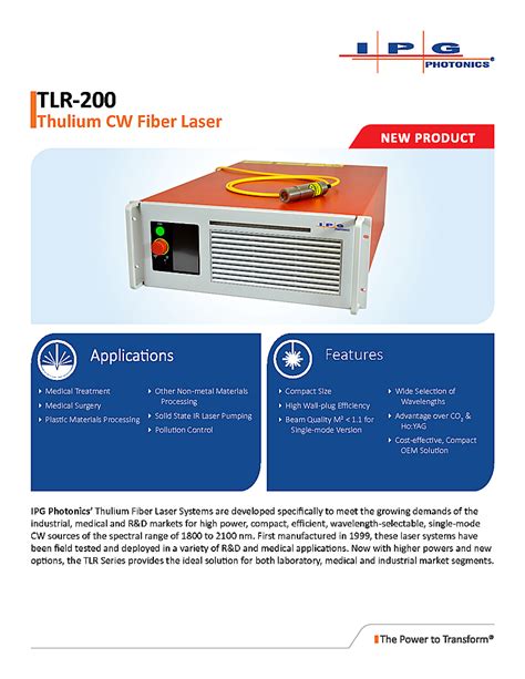 IPG Photonics Fiber Laser wavelength 1940 nm, 200W