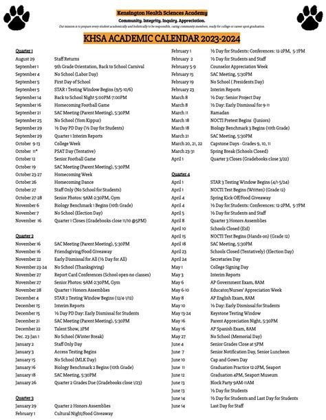 2023-24 KHSA Calendar – Kensington Health Sciences Academy