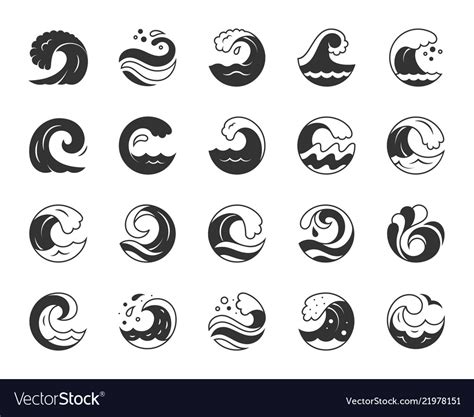 Water wave black silhouette icons set Royalty Free Vector