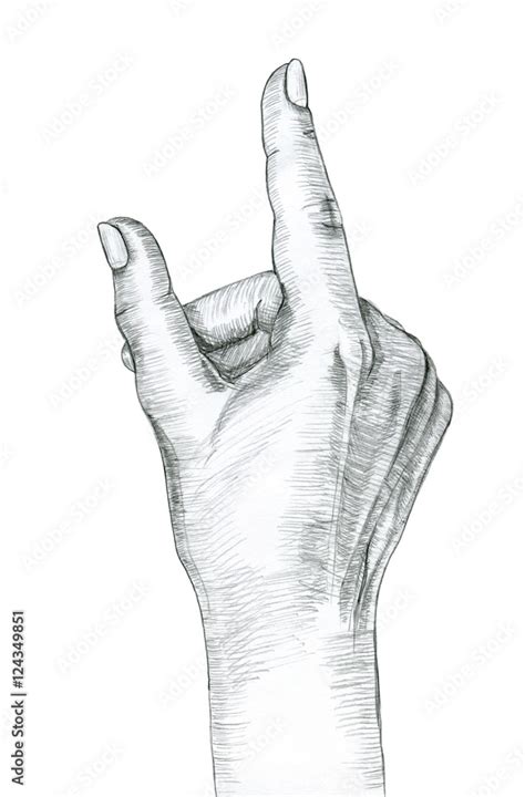 Hand gesture of a single pointing finger. Hand drawing in pencil ...