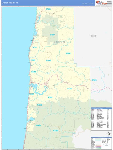 Lincoln County, OR Zip Code Wall Map Basic Style by MarketMAPS