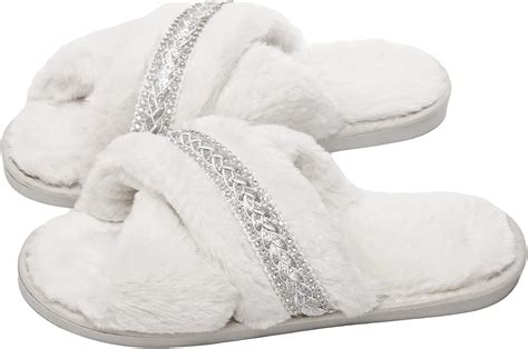 winhot Slippers for Women White Cross Band Soft Fuzzy Plush Fleece ...