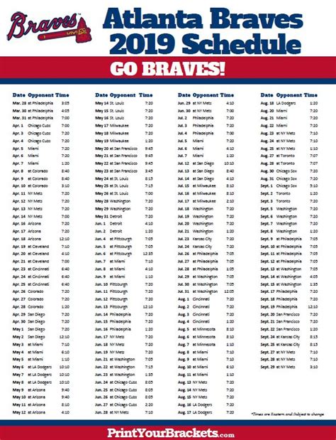 Atlanta Braves Printable Schedule