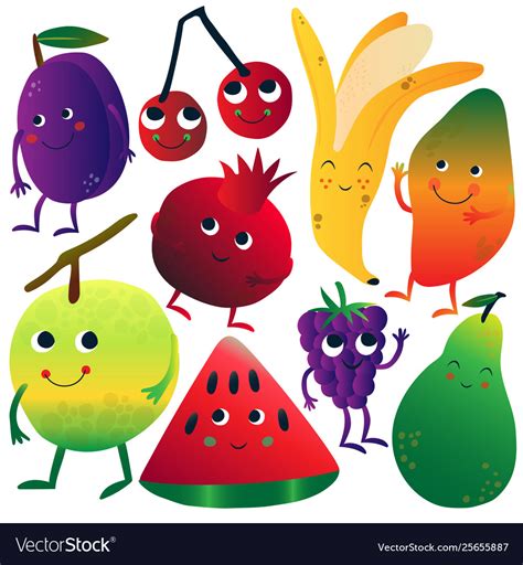 Funny fruits cartoon characters with faces Vector Image