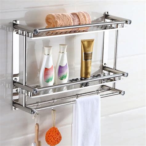 Bath Towel Shelf Rack Bathroom Holder Double With Hooks Anti rust Wall ...