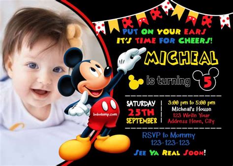 Editable Mickey Mouse Birthday Invitations With Photo DIY | Bobotemp ...