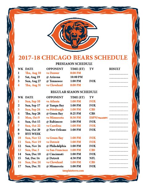 Printable 2017-2018 Chicago Bears Schedule