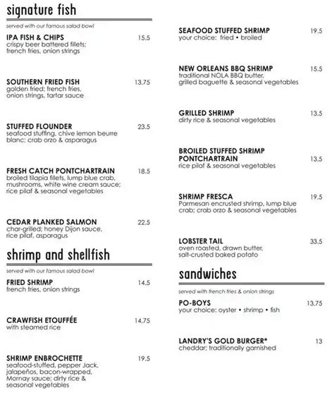 Menu at Landry's Seafood House restaurant, Kemah, Boardwalk #1