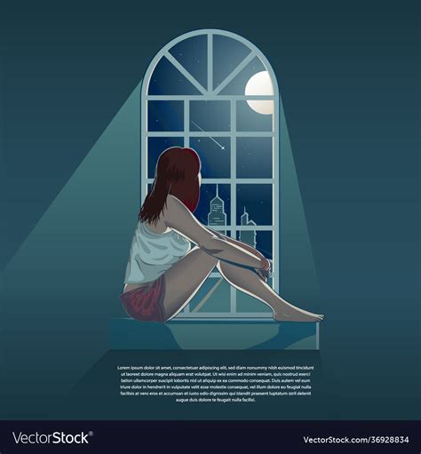 Girl looking out through window at night Vector Image