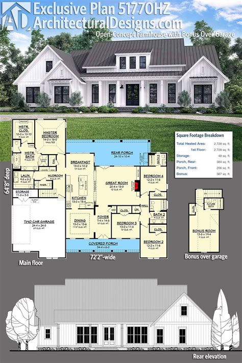 Plan 51770HZ: Open-Concept Farmhouse with Bonus Over Garage | New house ...