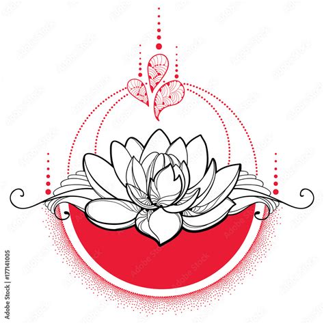 Vector drawing with outline black Lotus flower, red dots and swirls ...