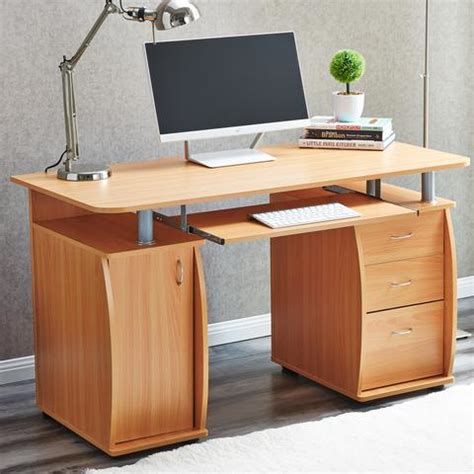 Beech Computer Desk With Shelves and 2 Drawers for Home Office PC ...