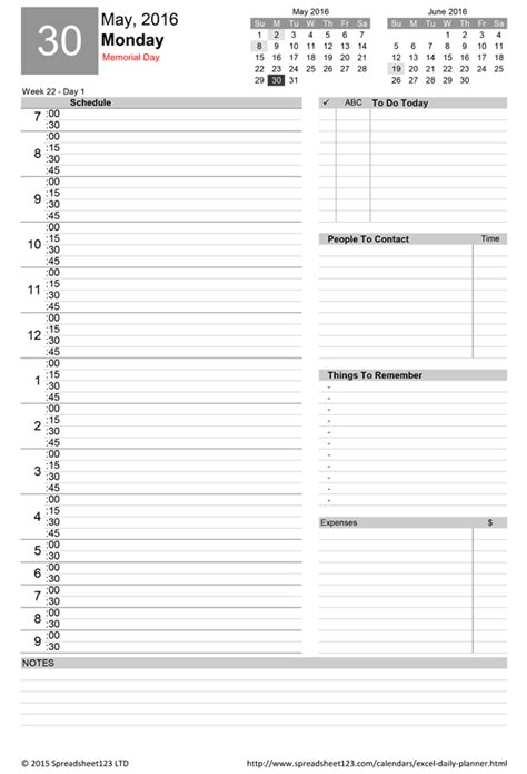 Printable Daily Planner Template for Excel