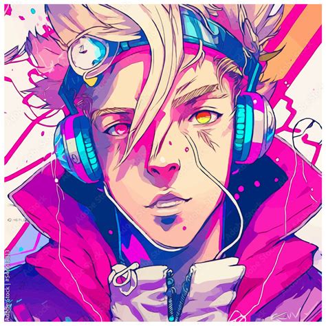 Neon Graffiti Anime Boy with Blond Hair, Pink Jacket, and Headphones ...