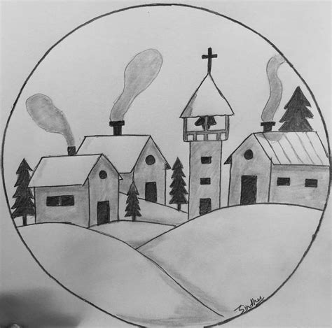 Winter Village | Landscape drawings, Pencil drawing images, Winter drawings