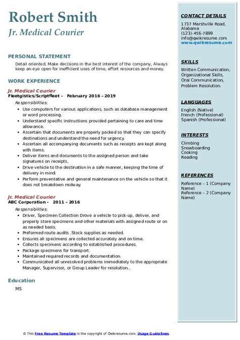 Medical Courier Resume Samples | QwikResume