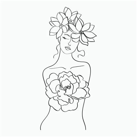 Women and flowers line art. Girl with flowers and leaves one line ...