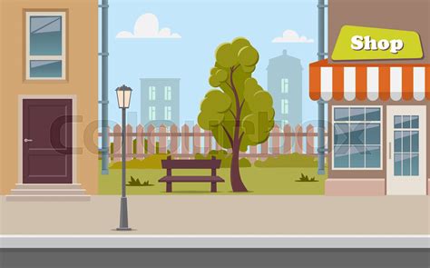 Cute cartoon town street with a shop, tree, bench, fence, street lamp ...