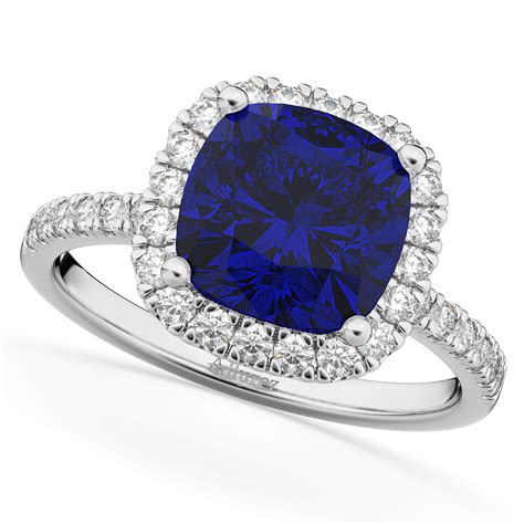 Cushion Cut Halo Blue Sapphire & Diamond Engagement Ring 14k White Gold ...