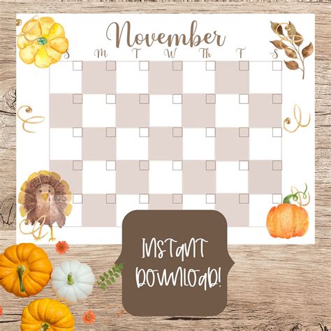 Printable November Calendar/thanksgiving Themed Calendar/ Kids Calendar ...