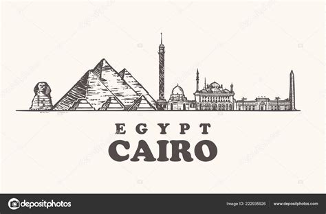 Cairo Skyline Egypt Vintage Vector Illustration Hand Drawn Temples ...