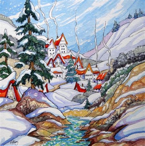 A Winter Village. Life people. Drawings. Pictures. Drawings ideas for ...