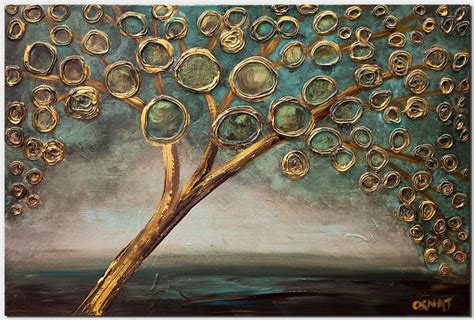 gold teal abstract tree painting on canvas textured wall art