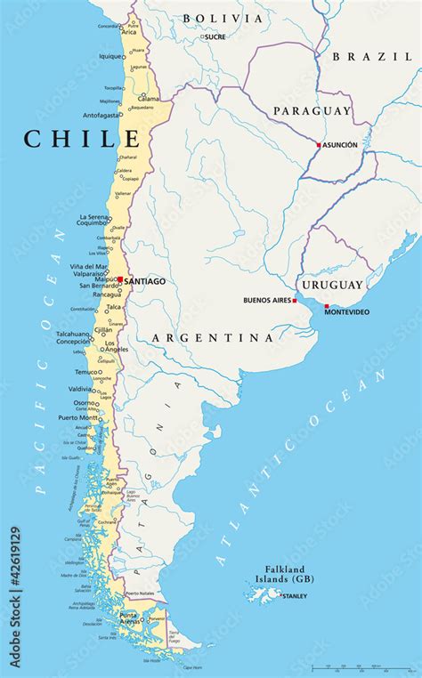 Chile political map with capital Santiago, with national borders, most ...