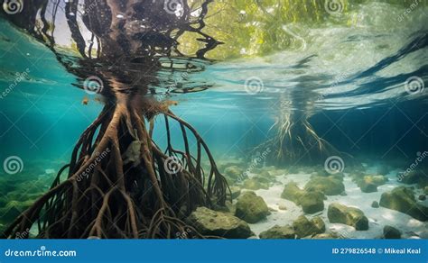 Underwater Photograph of a Tropical Mangrove Trees Roots, Above and ...