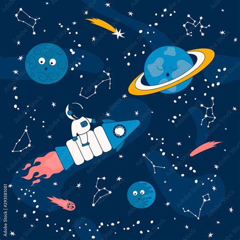 Cartoon pattern with astronaut on a spaceship in the outer space with ...