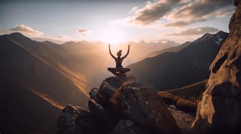 Premium AI Image | Woman does yoga on top of a mountain at sunset