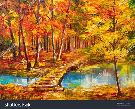 Oil Painting Landscape Autumn Forest Near Stock Illustration 621707939