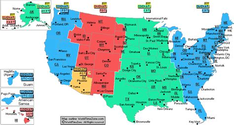 USA time zones map with cities and current local time 12 hour format