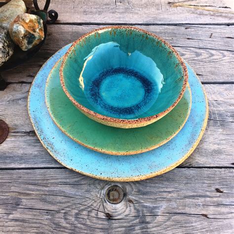 Dinner Plate Set of 6 Turquoise Large Lightweight Ceramic | Etsy ...