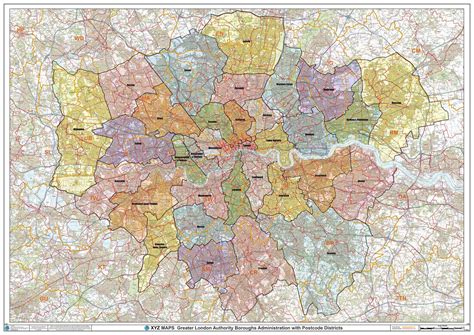 Greater London Authority Boroughs with Postcode Districts Wall Map