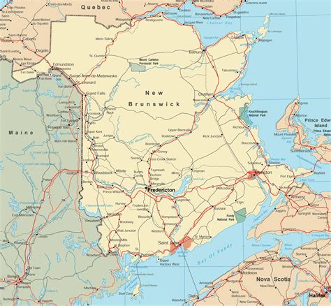 Map of New Brunswick with cities and towns