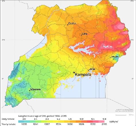 Solar direct normal irradiation (DNI) map of Uganda | Download ...